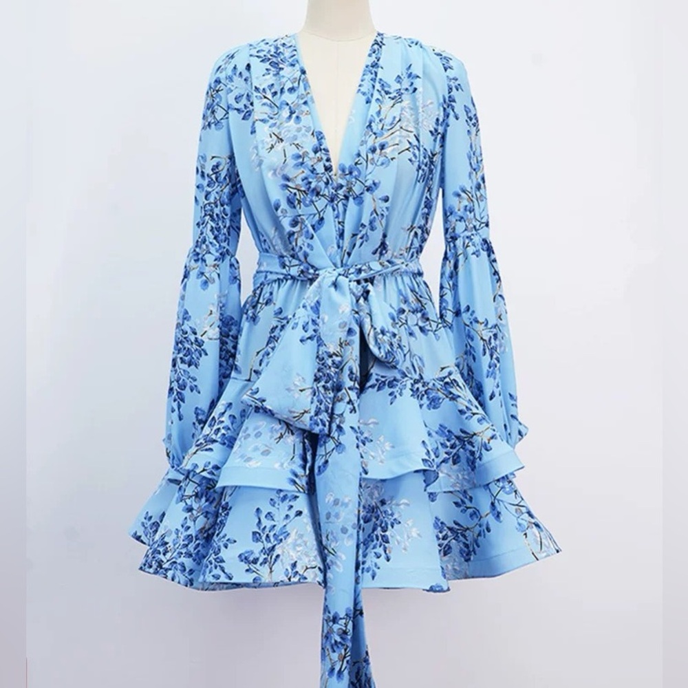 NWOT BRONX ADN BANCO BEDOUIN BLUE POPPY SHORT DRESS Floral Blue Wrap Dress - Picture 4 of 13